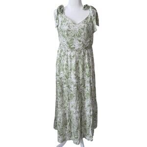 Skies Are Blue Curvy Floral Tie Strap Smocked Green Midi Dress Women's 1X Boho‎